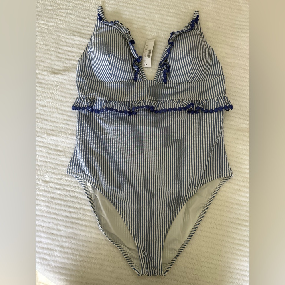 J crew one piece swimsuit, blue and white size 14 Seersucker NWT